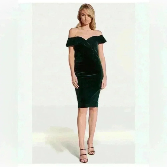 Bardot Sheath Dress Womens Size 10 Hunter Green Off The Shoulder Velvet Lined - Picture 1 of 10